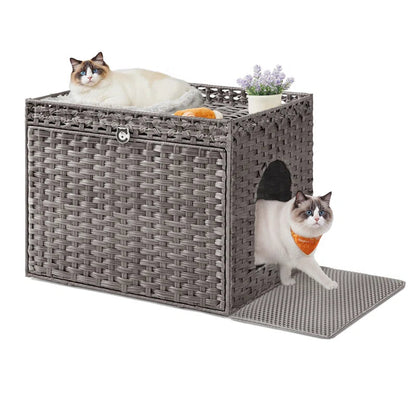 Handwoven Rattan Cat Litter Box Cabinet — Boho Woven Furniture with Washable Tray