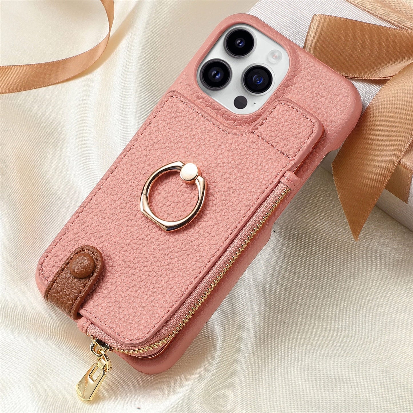 Ring Bracket Zipper Card Holder iPhone Case – Embossed Faux Leather | iPhone X–16