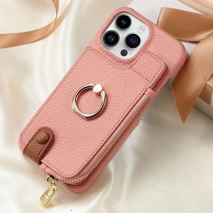 Ring Bracket Zipper Card Holder iPhone Case – Embossed Faux Leather | iPhone X–16
