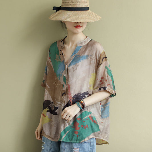 Camisa vintage estampada de manga media grande para mujer, de verano