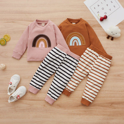 Ensemble Fille Sportif Pull à Manches Longues sans Capuche en Coton Arc-en-ciel et Pantalon