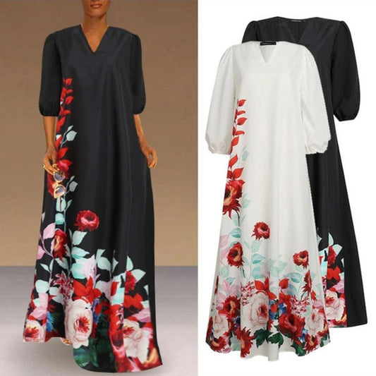 Vestido de Talla Grande para Mujer de Manga Abullonada con Estampado Floral y Falda Larga con Cuello en V