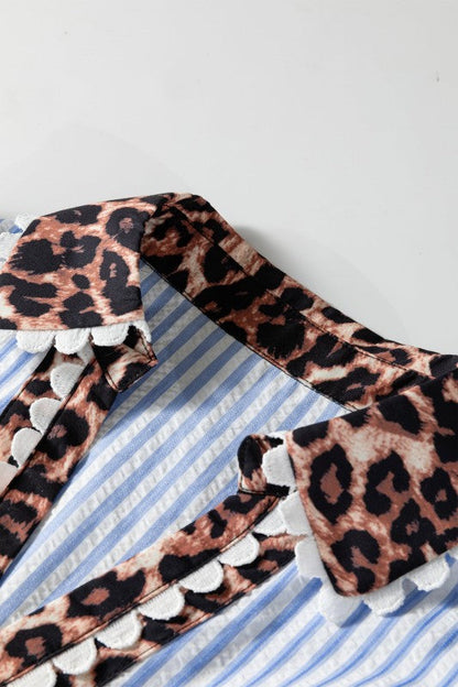 Leopard Patchwork Collared Puff Sleeve Blouse