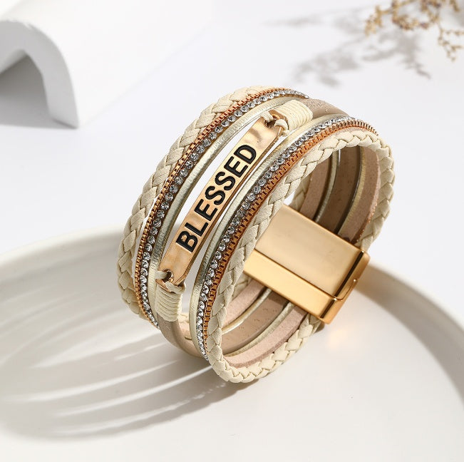 Bracelet en cuir synthétique de style ethnique avec plaque en alliage