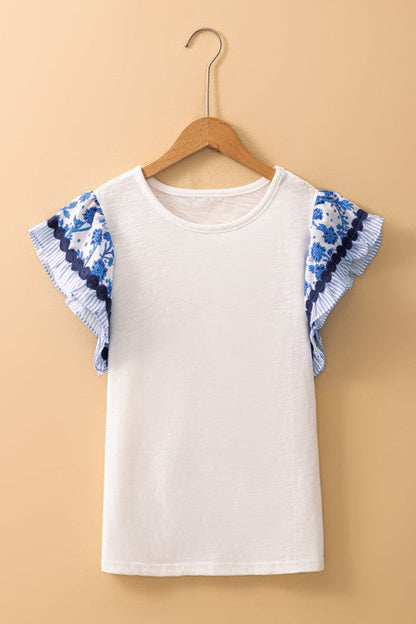 Floral Patchwork Flutter Sleeve Ricrac Trim Blouse