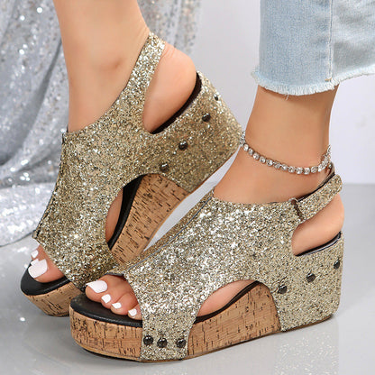 Chunky Wedges Sandals Sequins Shoes