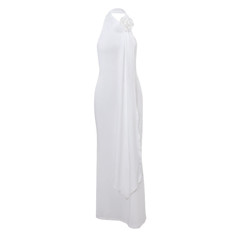 Vestido Halter Ins Hot Girl a la Espalda con Decoración Floral Tridimensional y Temperamento