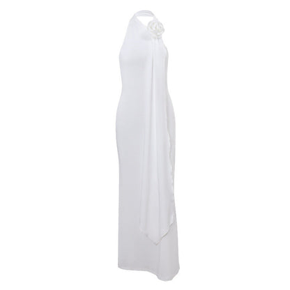 Vestido Halter Ins Hot Girl a la Espalda con Decoración Floral Tridimensional y Temperamento