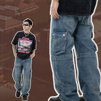 Multi-pocket Workwear Style Washed Jeans Loose Wide Leg Zipper Straight Pants For Men And Women