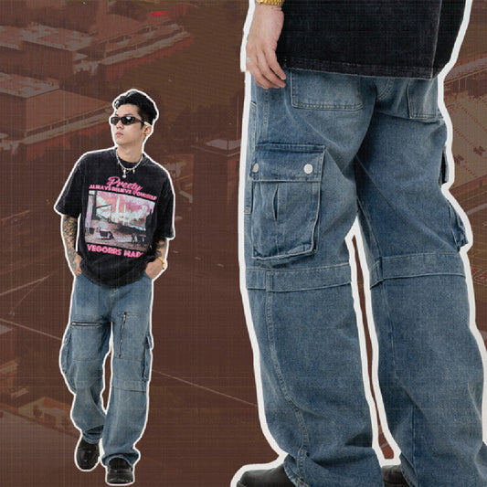 Multi-pocket Workwear Style Washed Jeans Loose Wide Leg Zipper Straight Pants For Men And Women