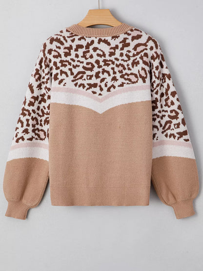 Leopard Color Block Knit Round Neck Baggy Sweater