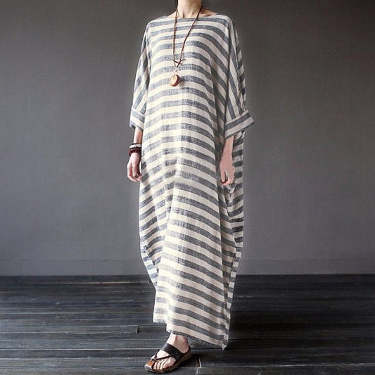 Vestido Largo Holgado de Algodón y Lino a Rayas Talla Grande