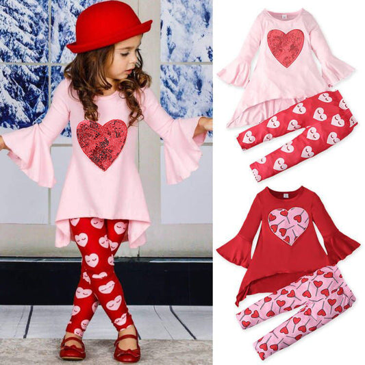 Fashion Flared Sleeve Top Trousers Love Pattern Two-piece Suit
