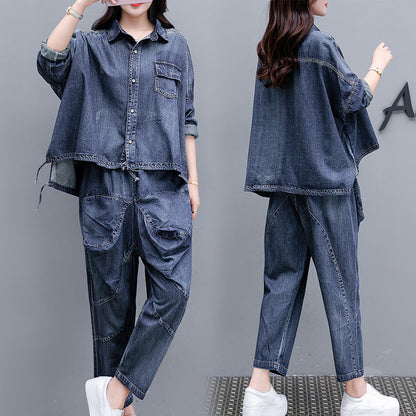 Loose Plus Size Distressed Denim Harem Pants Two-piece Women