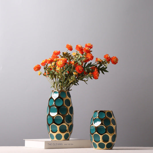 Magnifique Vase Ananas en Céramique Doré à Pois Aqua
