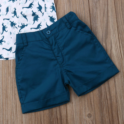 Summer Cartoon Dinosaur Print Short-sleeved Shirt Top Solid Color Two-piece Suit