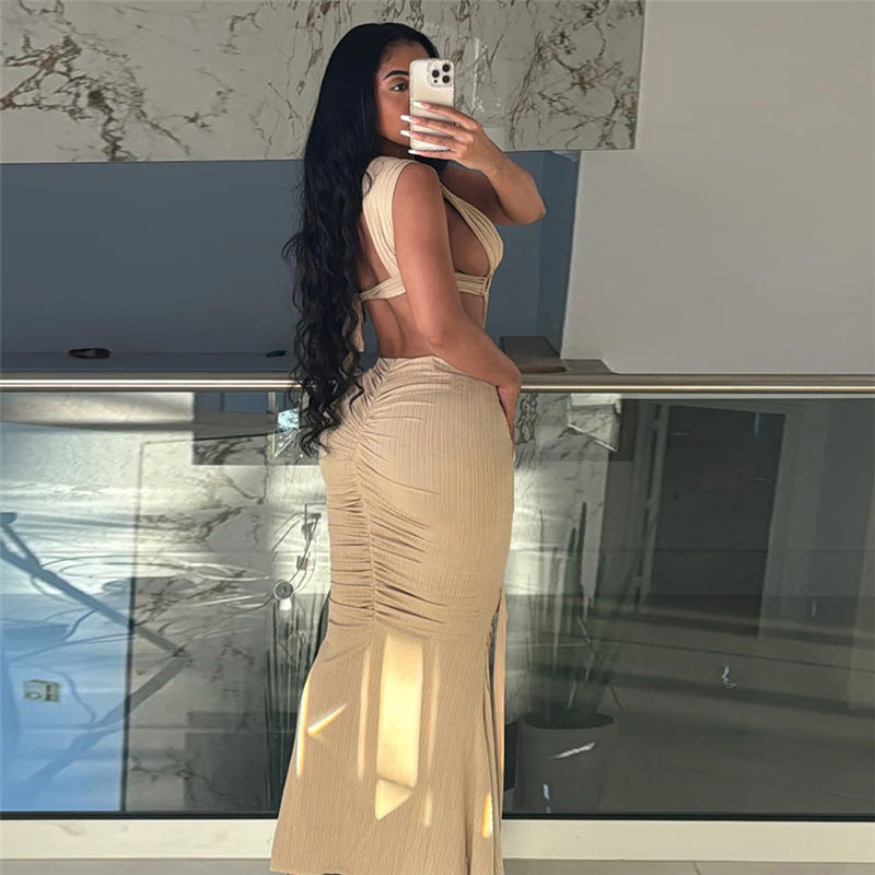 Vestido Tubo Ajustado de Cintura Alta con Cordones, Rasgado y Calado, Sexy, de Chica Caliente, Estilo Europeo y Americano