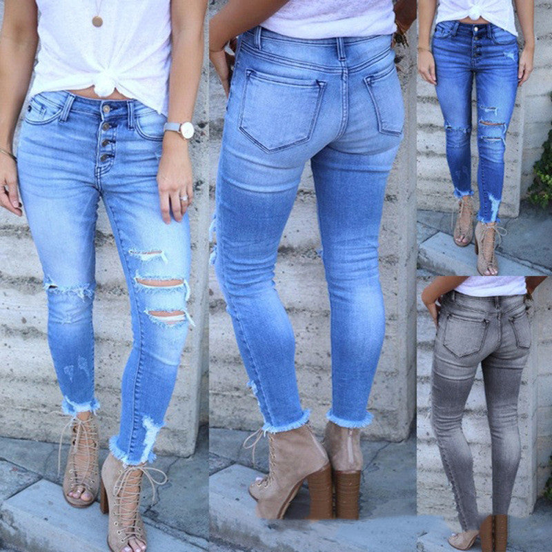 Jeans stretch moulants pour femme, délavés et troués, avec effet rehausseur de fesses