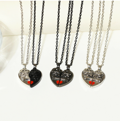 Pendentif Crâne Rétro Punk Collier d'Halloween Crâne d'Amour Magnétique en Forme de Cœur Collier de Couple