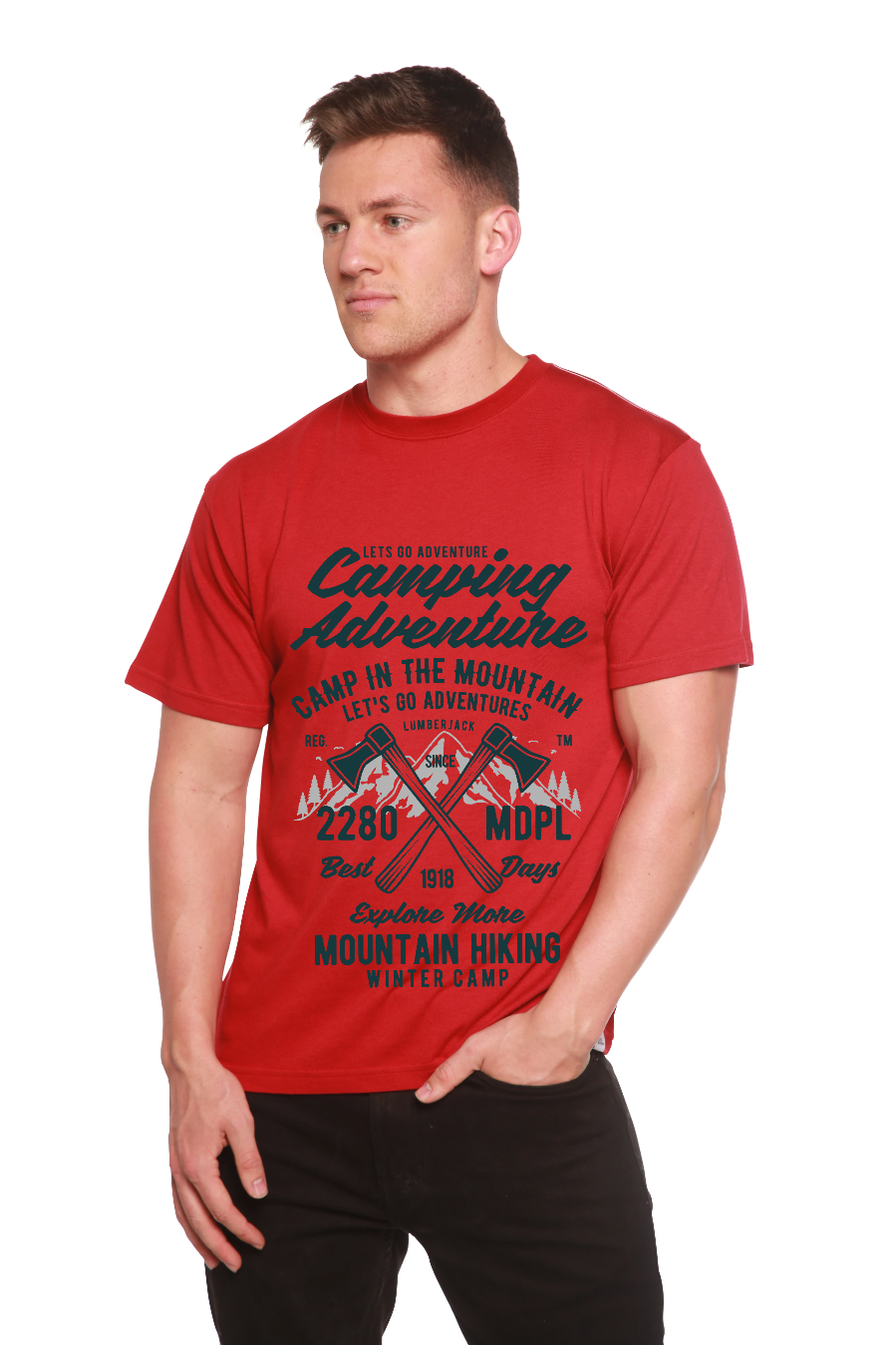 T-shirt graphique à manches courtes en viscose de bambou/coton biologique pour homme - Aventure en camping