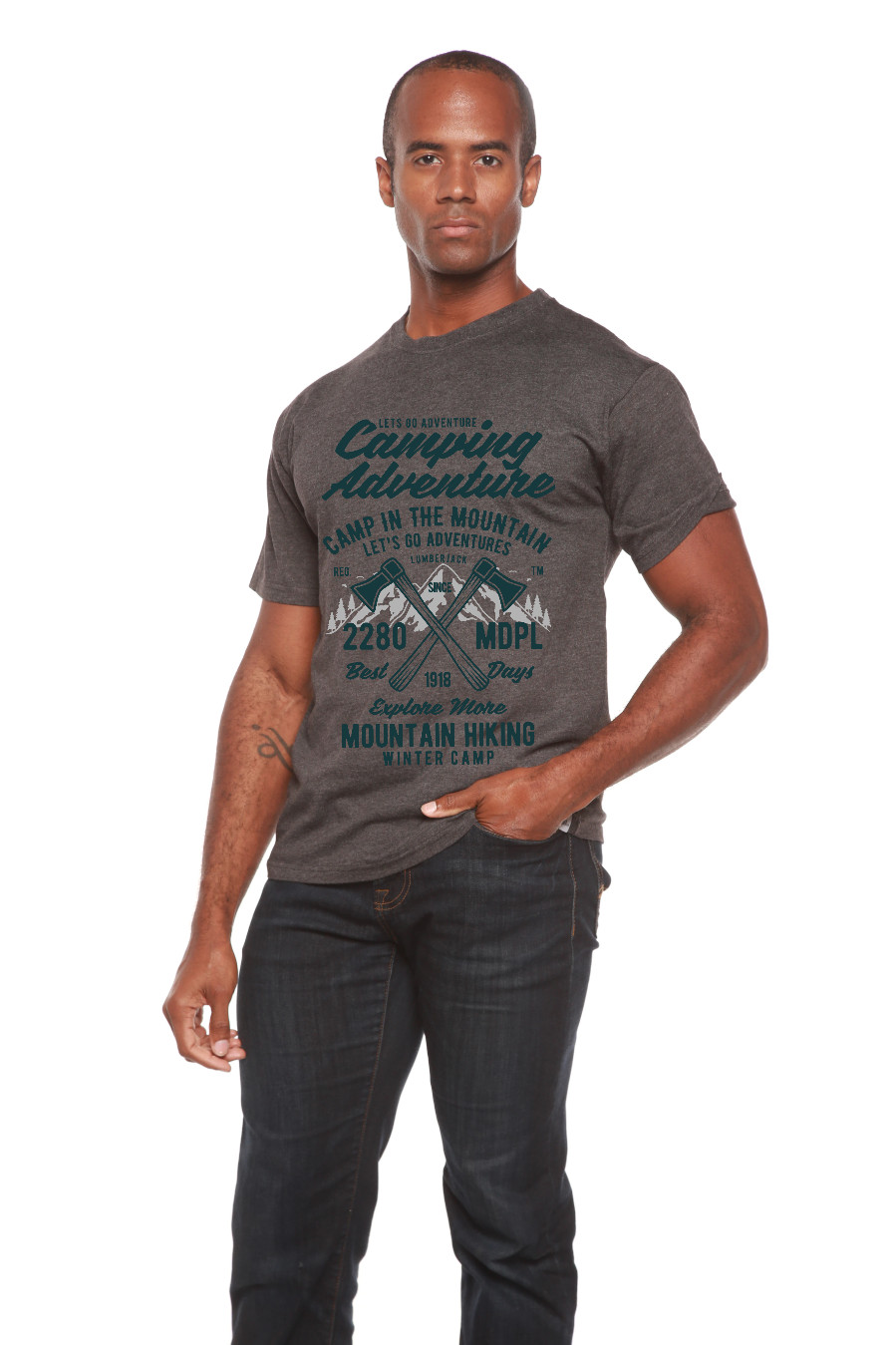 T-shirt graphique à manches courtes en viscose de bambou/coton biologique pour homme - Aventure en camping