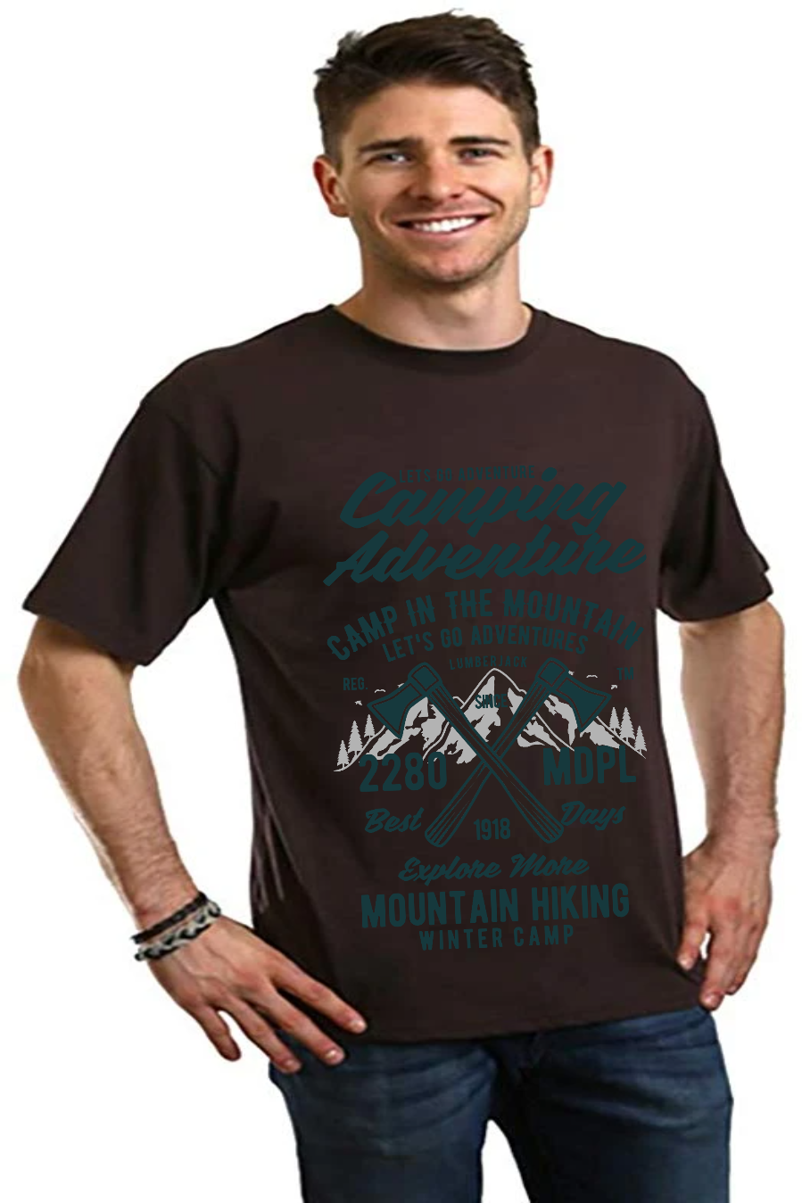 T-shirt graphique à manches courtes en viscose de bambou/coton biologique pour homme - Aventure en camping