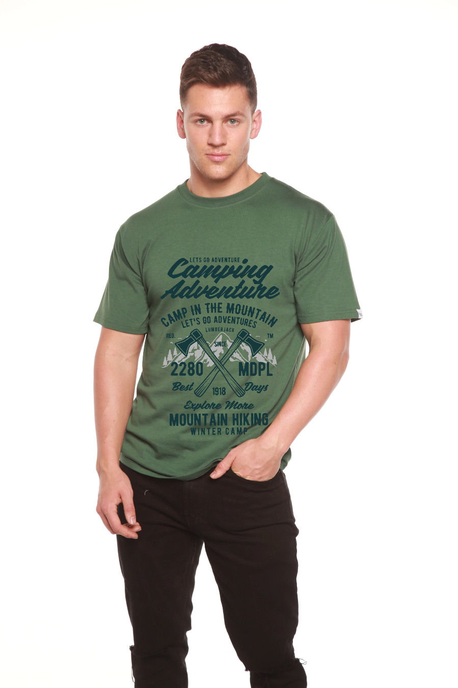 T-shirt graphique à manches courtes en viscose de bambou/coton biologique pour homme - Aventure en camping