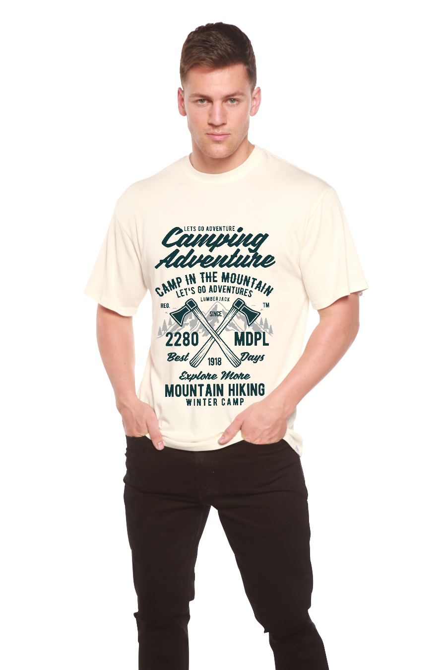 T-shirt graphique à manches courtes en viscose de bambou/coton biologique pour homme - Aventure en camping