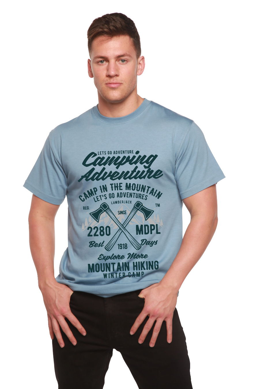 T-shirt graphique à manches courtes en viscose de bambou/coton biologique pour homme - Aventure en camping