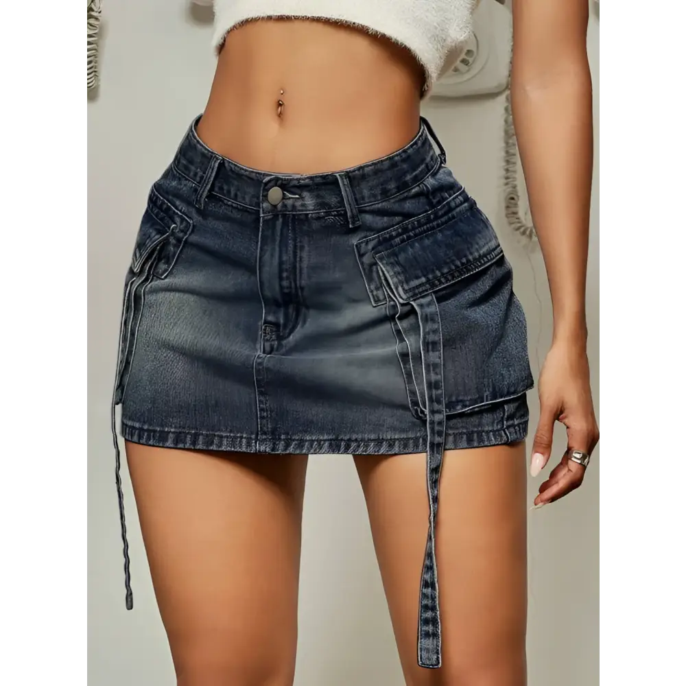 Cargo Pocket Long Tether Denim Skirt