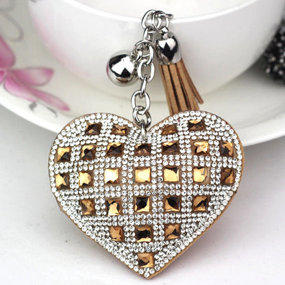 LuxeCharm Sparkling Gold Rhinestone Heart Keychain | Champagne Crystal Studded Heart Bag Charm with Tassel and Bell – European Style Personalized Gift