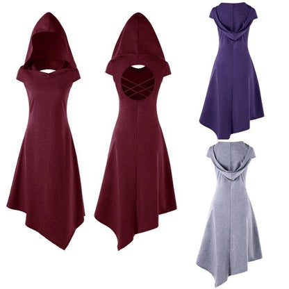Robe Midi Asymétrique à Capuche, Découpée au Dos et Sous les Jambes