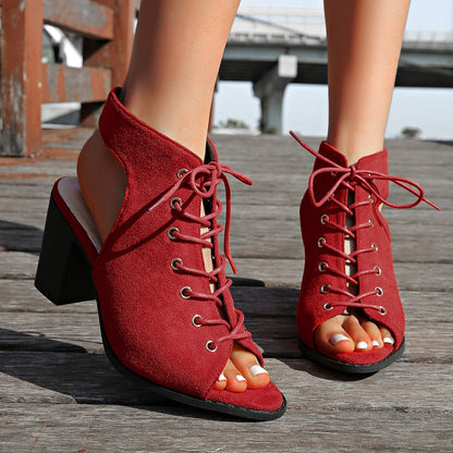 Sandales à talon épais avec lacets, style estival, bout ouvert pour femme