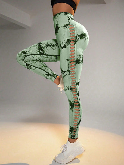 Cut Out Side Hollow Tie Dyed Yoga Pants, High Waist And Hip Lifting Fitness Pants With Side Hollow Seamless Sports Tights, Workout Gym Yoga Pants Scrunch Butt Lift Tights