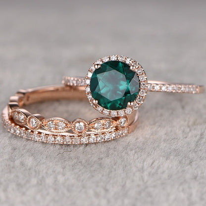 New Product 14k Rose Gold Three-piece Ring With Micro Inlaid Emeralds European And American Engagement Jewelry