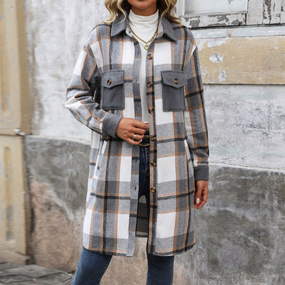 Nuevo Abrigo Largo de Cuadros Cepillado con Bolsillos Chaqueta de Invierno de Moda Ropa de Abrigo para Mujer