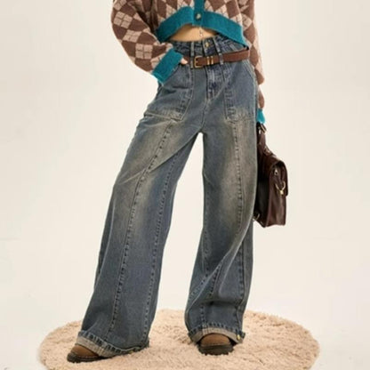 Thin Gradient Vintage Jeans Women Loose Wide-leg Straight Pants