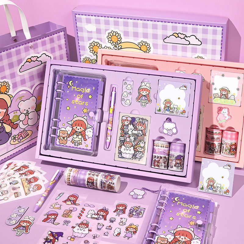 Set de caja de regalo de libro de cuentas manual, cuaderno con diseño de corazón de chica linda
