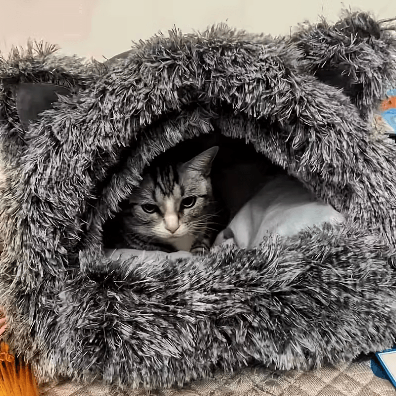 Cueva para gatos de forro polar cálido para invierno, a prueba de viento, confort térmico de 360° para gatos y perros pequeños