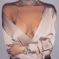 Champagne Satin Blouse with Rhinestone Body Jewelry