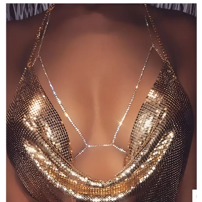 Champagne Satin Blouse with Rhinestone Body Jewelry