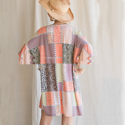Geometric Print Colorblock Chiffon Blouse