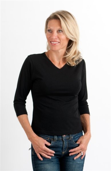 Liquidation T-shirt à manches 3/4 en bambou/coton avec col en V pour femmes