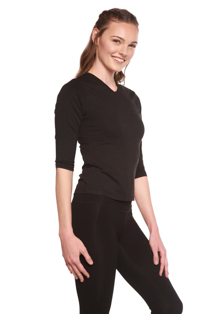 Liquidation T-shirt à manches 3/4 en bambou/coton avec col en V pour femmes
