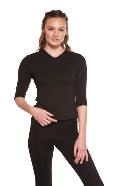 Liquidation T-shirt à manches 3/4 en bambou/coton avec col en V pour femmes