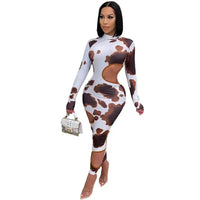 Cow Print Women Irregular Hole Maxi Dress