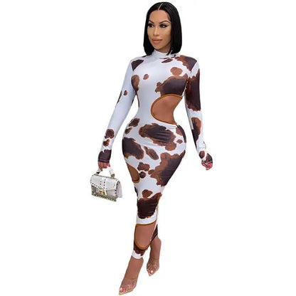 Cow Print Women Irregular Hole Maxi Dress