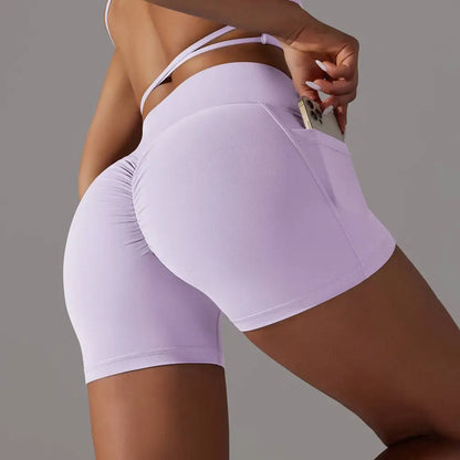 Cream High Waisted Phone Pocket Design Fitness Shorts