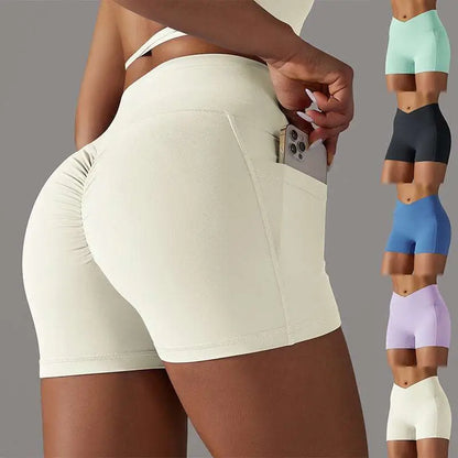 Cream High Waisted Phone Pocket Design Fitness Shorts