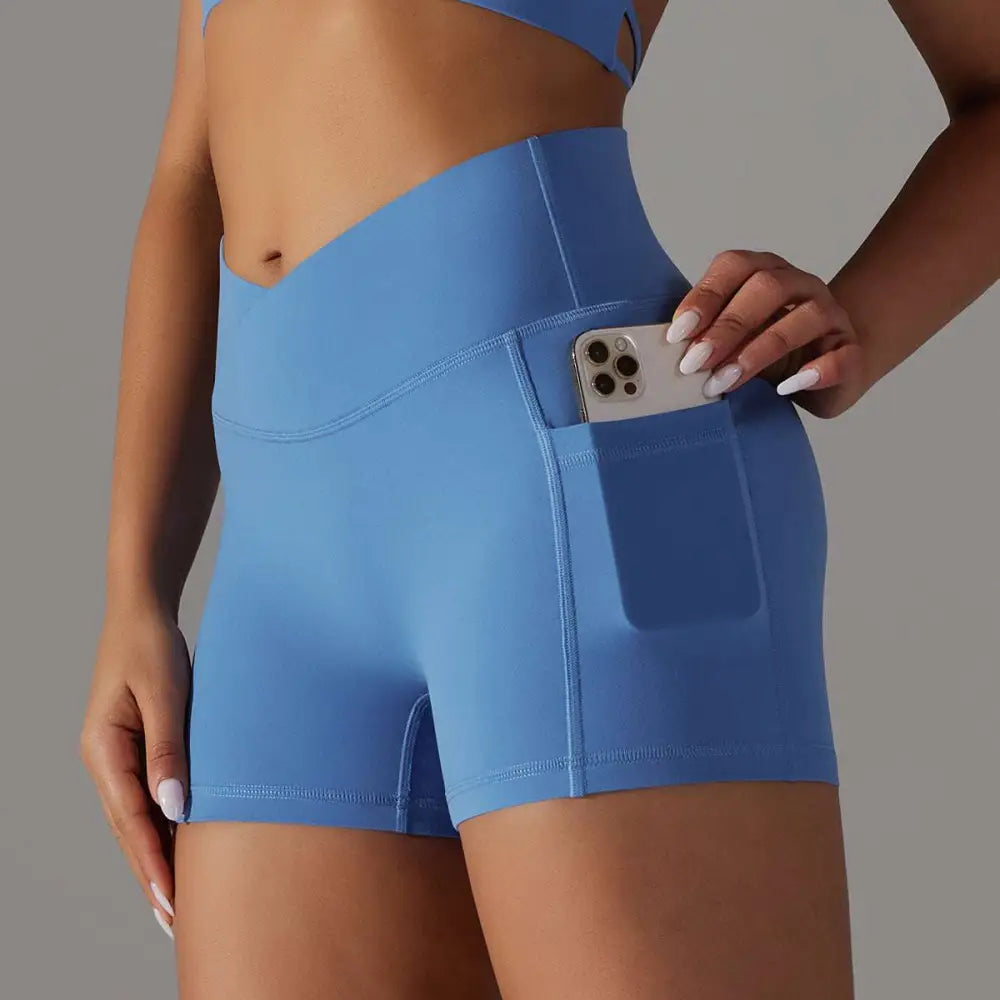 Cream High Waisted Phone Pocket Design Fitness Shorts